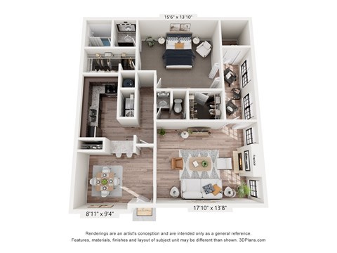 Floor plan for 1 bed, 1.5 baths, 1284 sqft